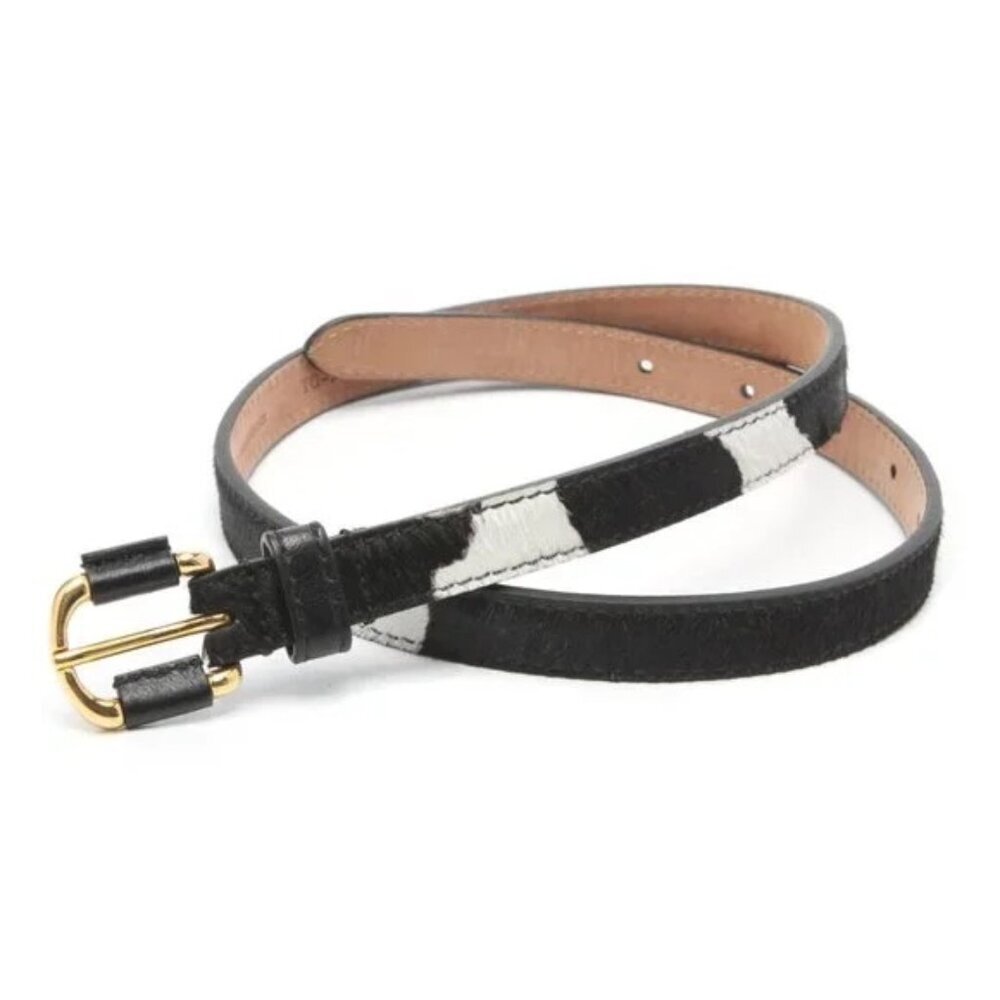 Fendi Black and White Leather Skinny Belt with Gold Buckle